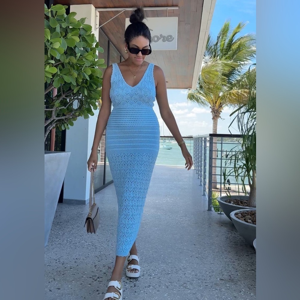 RONNY KOBO Blue Crochet Knit Dress M